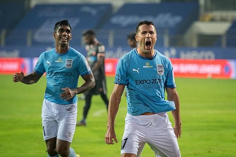 Igor Angulo of Mumbai City FC celebrates a goal during an ISL game (File photo | PTI)