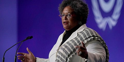 FILE - Barbados Prime Minister Mia Amor Mottley speaks during the opening ceremony of the COP26 U.N. Climate Summit, in Glasgow, Scotland, Nov. 1, 2021. (Photo | AP)