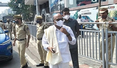 Former minister JC Diwakar Reddy leaves after being denied entry into the Pragathi Bhavan as he did not have an appointment