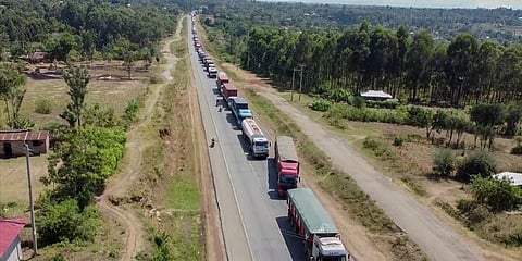 In this image made from video, queues of trucks are seen near Bungoma, Kenya, close to the border with Uganda, on Wednesday, Jan. 19, 2022. (Photo | AP)