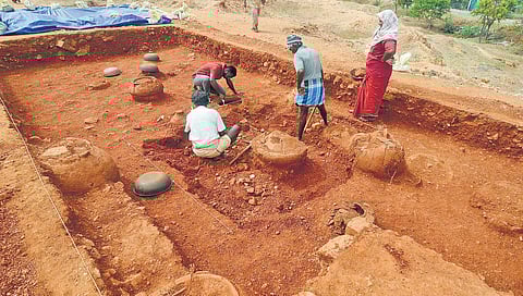 Archaeologists engaged in excavation works at a site in Sivakalai in Thoothukudi district. (File photo| V Karthikalagu, EPS)