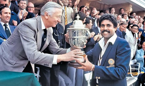 Kapil Dev receiving the 1983 World Cup