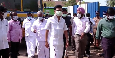 Tamil Nadu CM MK Stalin with officials in Kolathur Assembly constituency. (Photo| Twitter screengrab)
