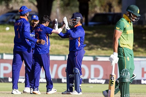 India celebrates the wicket of Temba Bavuma during the second ODI match between South Africa and India in Paarl. (Photo | AP)
