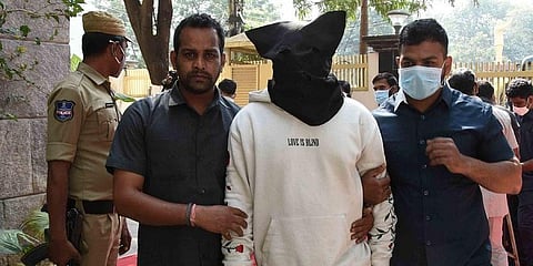 Telangana police produce Nigerian drug pedlar Tony before the media in Hyderabad on Thursday. (Photo | R V K Rao, EPS)