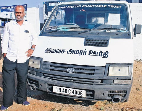 R Thilak, a 38-year-old from Coimbatore, has been taking dead bodies from houses in five villages near the city to burial grounds, at free of cost (Photo | EPS, U Rakesh Kumar)