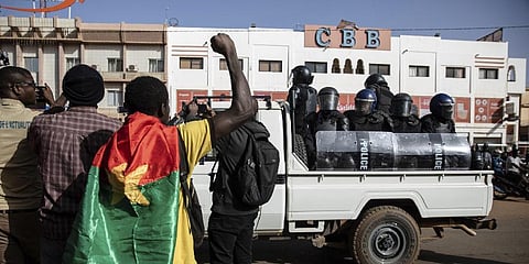 Protestors take to the streets of Burkina Faso's capital Ouagadougou Saturday Jan. 22, 2022 protesting the government's inability to stop jihadist attacks spreading across the country.(Photo | AP)
