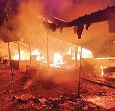 A massive fire that broke out in Jeypore main market in Koraput in the wee hours of Sunday. (Photo | Express)