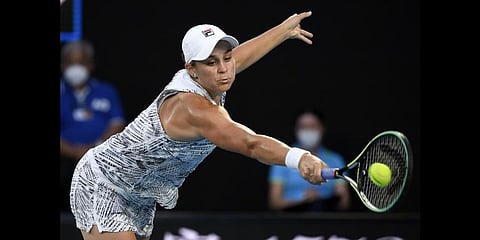 Ash Barty of Australia plays a backhand return to Jessica Pegula of the U.S. during their quarterfinal match at the Australian Open tennis championships.(Photo | AP)