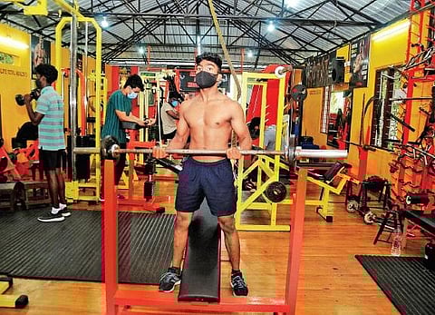 A scene from a gym at Edappally in Kochi. Due to rising Covid cases, fitness centres and gyms are seeing fewer clients these days | A Sanesh
