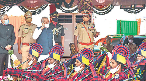 Governor Biswa Bhusan Harichandan and Chief Minister YS Jagan Mohan Reddy at the Republic Day celebrations at the IGMC Stadium in Vijayawada | Prasant Madugula