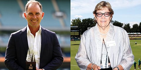 Justin Langer (l) and Raelee Thompson with their Hall of Fame awards (Photo | Twitter, Cricket Australia)