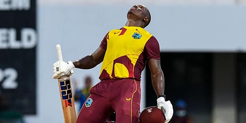 Rovman Powell after scoring his maiden T20I hundred. (Photo | AFP)