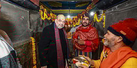 Union Home Minister Amit Shah offers prayers at Baba Rudranath temple in Rudraprayag. (Photo| Twitter/ @AmitShah)