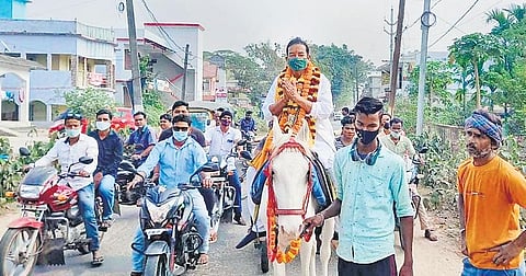 Srikant Sahoo campaigning on horseback in Sanagaria panchayat  | Express