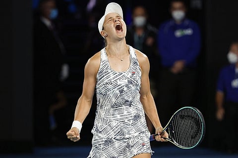 Ash Barty of Australia celebrates after defeating Danielle Collins of the U.S. in the women's singles final at the Australian Open tennis championships in Saturday, Jan. 29, 2022.(Photo | AP)