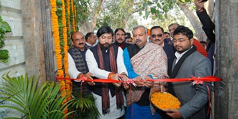 Minister of State Nisith Pramanik, second, left and BJP Delhi state president Adesh Gupta inaugurating a Namo Seva Kendra in Delhi, Jan 28, 2022. (Photo | Twitter, BJP Delhi)