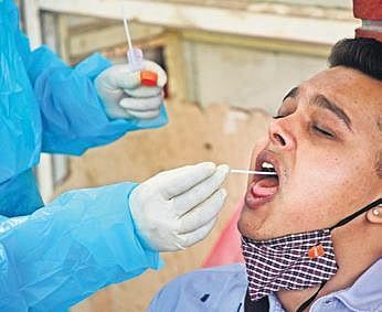 A health staffer collects swab sample of a traveller at KBS Majestic Bus Stand in Bengaluru | Ashishkrishna H P