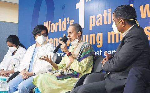 Seethalakshmi shares her experience of undergoing the surgery at Apollo Proton cancer centre at Taramani on Friday | Ashwin Prasath