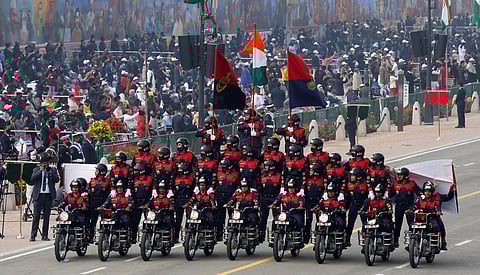 Border Security Forces all-women motorcycle team's Seema Bhawani during the Republic Day Parade 2022, at Rajpath in New Delhi. (Photo | Shekhar Yadav, EPS)