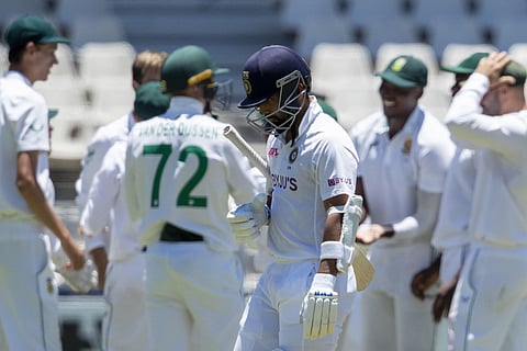 Ajinkya Rahane leaves the field after being dismissed by Duanne Olivier for a duck, during the first day of the 2nd Test Cricket. (Photo | AP)
