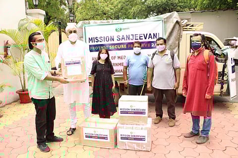 Chhattisgarh health minister TS SInghdeo receiving medical supplies from representatives of Oxfam India. (File Photo | Twitter)