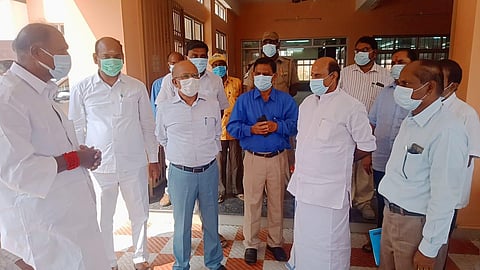 Chief Minister N Rangasamy along with PWD Minister K Lakshminarayanan and MLAs and officials inspecting the quarantine facilities (Photo | Special arrangement)
