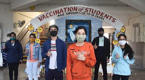 Students in the age group of 15-17 years at the School of Excellence in New Delhi after getting vaccinated. (EPS | Parveen Negi)
