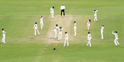 Cricket pitch at Manuka Oval moments after England managed to play out the deliveries to end the match in a draw, Jan 30, 2022. (Photo | Twitter, Austrlian Women's Cricket Team)