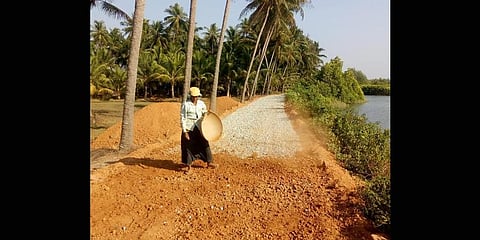 Bheemavva at Tallur panchayat office in Kundapur taluk (inset); she works to lay a road in her village. (Photo| Express)