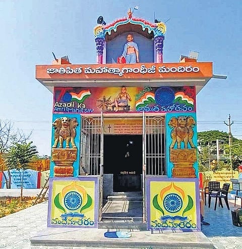 Gandhi temple and statues of the freedom fighters (right) in the municipal park at Santhinagar Colony in Srikakulam town | EXPRESS