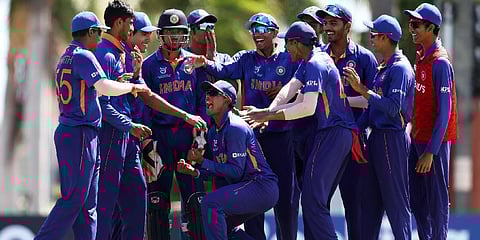 India is through to the U19 CWC 2022 Super League semi-final defeating Bangladesh by five wickets.(Photo | Twitter,@cricketworldcup)