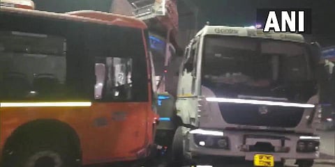 The electric bus crashed into a truck at Kanpur's Tat Mill crossroad. (Photo| ANI)