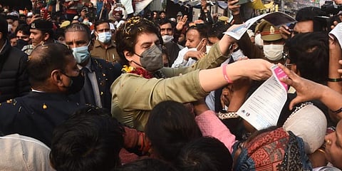 Congress leader Priyanka Gandhi during door-to-door campaigning in favor of party candidate in Uttar Pradesh. (Photo | Parveen Negi, EPS)