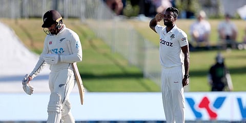 Bangladesh's Ebadot Hossain, right, celebrates New Zealand's Tom Blundell, left, being caught with LBW on day four of their first Test match at Bay Oval in Mount Maunganui, Jan 4, 2022. (Photo | AP)