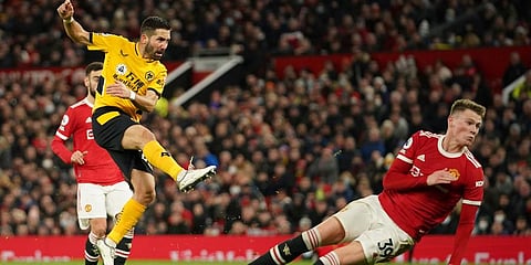 Wolverhampton Wanderers' Joao Moutinho scores his side's first goal during the Premier League match against Manchester United Monday, Jan.3, 2022. (Photo | AP)