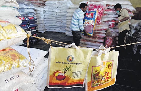 Bags that will be used to deliver Pongal gift hampers bearing the Tamil phrase Thamizhar Thirunal Vazhthukkal, in Chennai on Friday | R Satish Babu