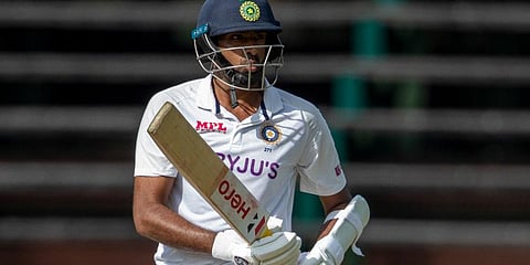 India's Ravichandran Ashwin watches his shot during the first day of their 2nd Test match against South Africa at the Wanderers stadium in Johannesburg, South Africa, Jan 3, 2022. (Photo | AP)