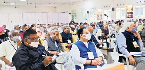 RSS chief Mohan Bhagwat, Sarkaryavah Dattatreya Hosbale and BJP national president J P Nadda seen at the RSS conclave on Wednesday, Jan 5, 2022.