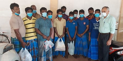 Indian fishermen released by the northern Mannar Court in Sri Lanka (Photo | Twitter, @CGJaffna)