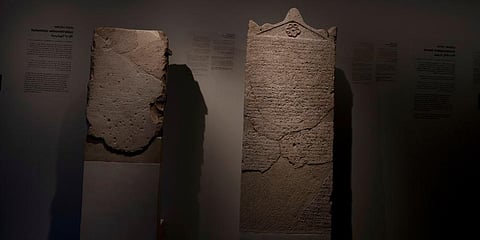 The Heliodorus Stele, loaned by American billionaire Michael Steinhardt, is displayed at the Israel Museum in Jerusalem. (Photo | AP)
