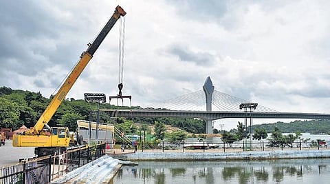 A crane ready for the immersion of Ganesh idols at a baby pond in Durgam Cheruvu, Hyderabad. (File photo| S Senbagapandiyan, EPS)