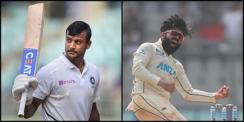 India opener Mayank Agarwal (L) and New Zealand spinner Ajaz Patel (File photo| AP)