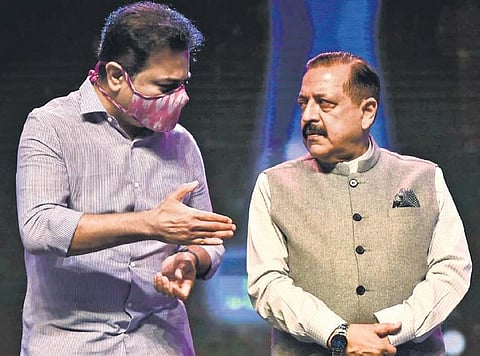 IT Minister KT Rama Rao gets his point across to Union Minister of State Jitendra Singh at the 24th National Conference on e-Governance in Hyderabad on Friday