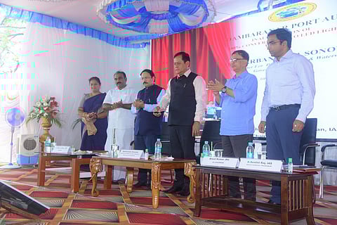 Union Minister of Ports, Shipping & Waterways and AYUSH Sarbananda Sonowal inaugurating a slew of projects completed at VO Chidambaranar port in Thoothukudi on Friday. | Express