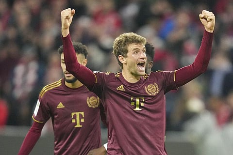 Bayern's Thomas Mueller celebrates after scoring during the German Bundesliga soccer match between FC Bayern Munich and Bayer 04 Leverkusen at the Allianz Arena in Munich, Germany. (Photo | AP)
