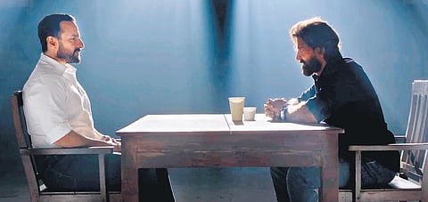 (Left to right) Saif Ali Khan and Hrithik Roshan in a still from the film