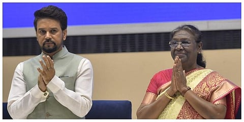 President Droupadi Murmu with Union Minister Anurag Thakur during the 68th National Film Awards presentation ceremony, at Vigyan Bhawan in New Delhi. (Photo | PTI)