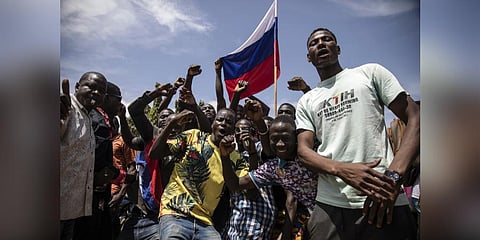 Young men chant slogans against the power of Lieutenant-Colonel Damiba, against France and pro-Russia, in Ouagadougou, Burkina Faso.(Photo | AP)