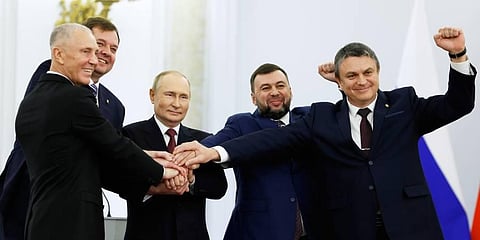 The signing of the treaties making the four regions part of Russia follows the completion of the Kremlin-orchestrated 'referendums.'(Photo | AP)